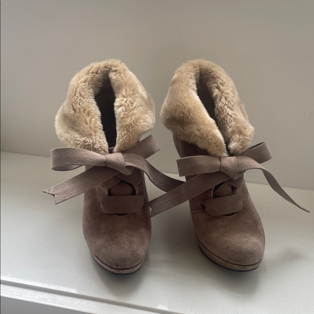 Women's Tan Real Suede Leather Ankle Boots with Faux Fur Lining